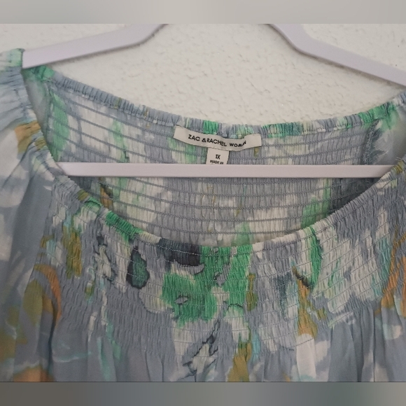 Zack & Rachel Floral Bell Sleeve Boho Peasant Top Size XL Blue Green - Picture 4 of 12
